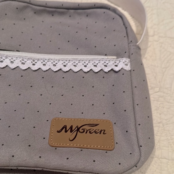 Vintage mygreen Canvas Gray w/ Black Dot & White Lace Trim Purse - Picture 3 of 4